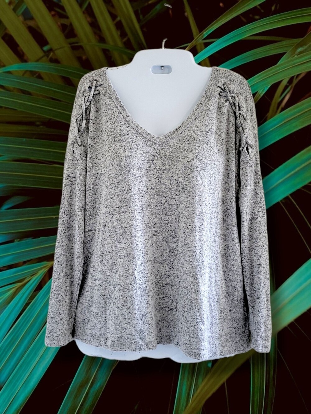 Ambiance | Heather Gray V-Neck Lace-Up Shoulder Long Sleeve Sweater (SIZE M)